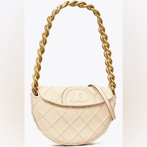 Brand New Never Worn Tory Burch Mini Fleming Crescent Beige Leather Shoulder Bag
